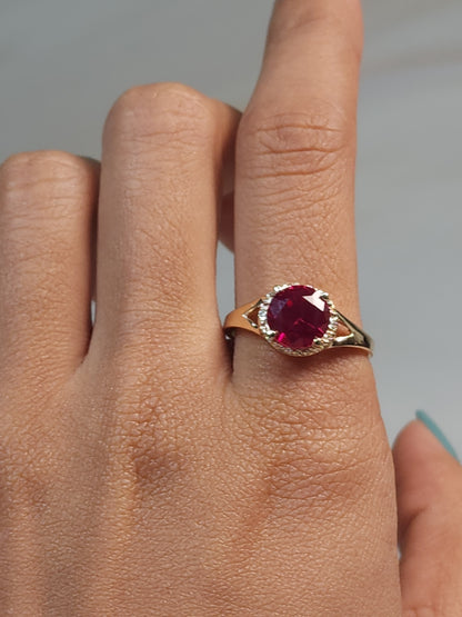 14Kt Gold 2 Ct Created Ruby & Diamond Halo Design Round Ring