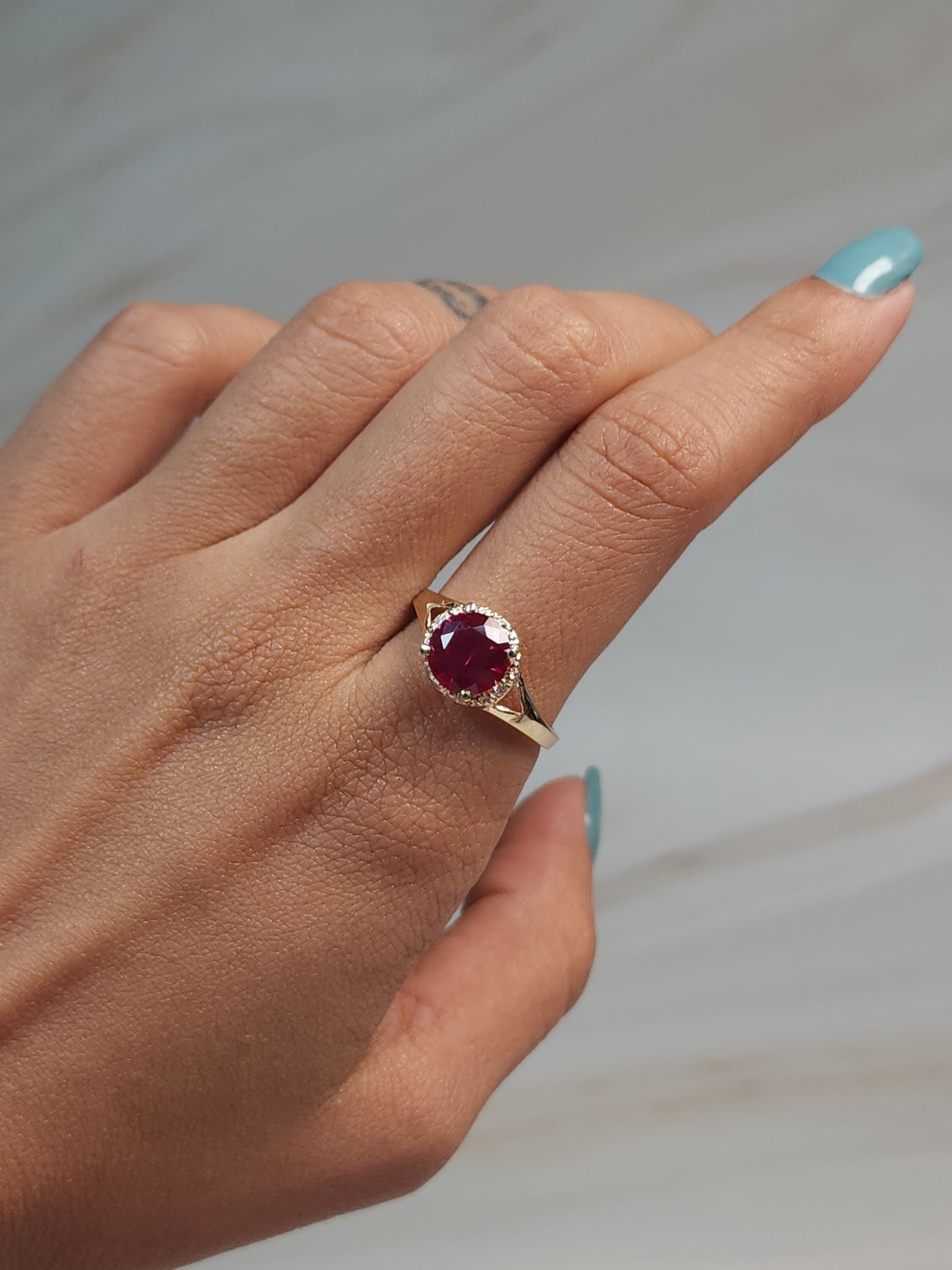 14Kt Gold 2 Ct Created Ruby & Diamond Halo Design Round Ring
