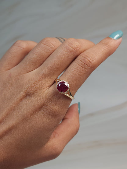 14Kt Gold 2 Ct Created Ruby & Diamond Halo Design Round Ring
