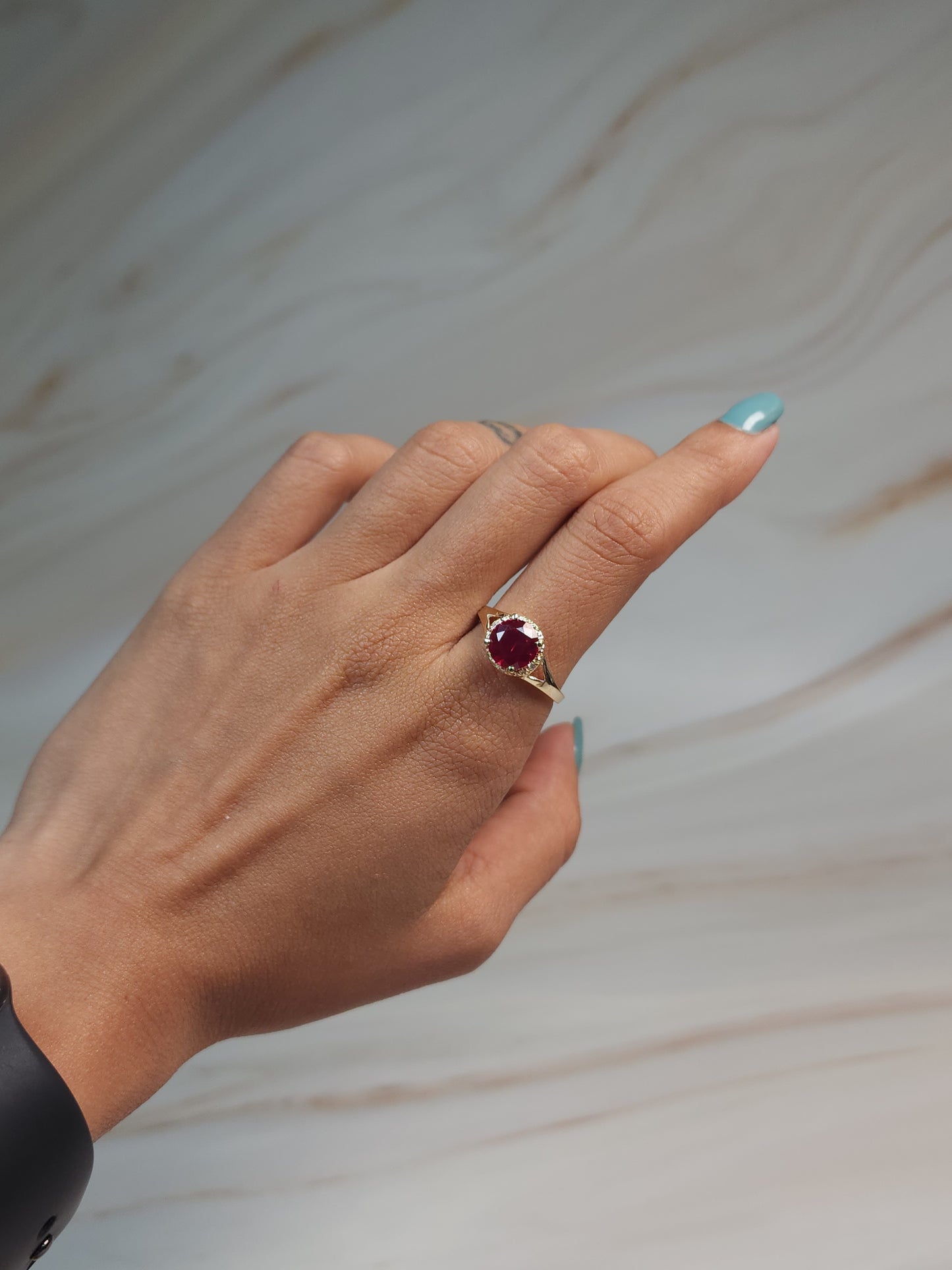 14Kt Gold 2 Ct Created Ruby & Diamond Halo Design Round Ring