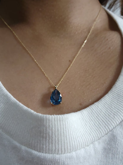 14Kt Gold London Blue Topaz Teardrop Pendant Necklace