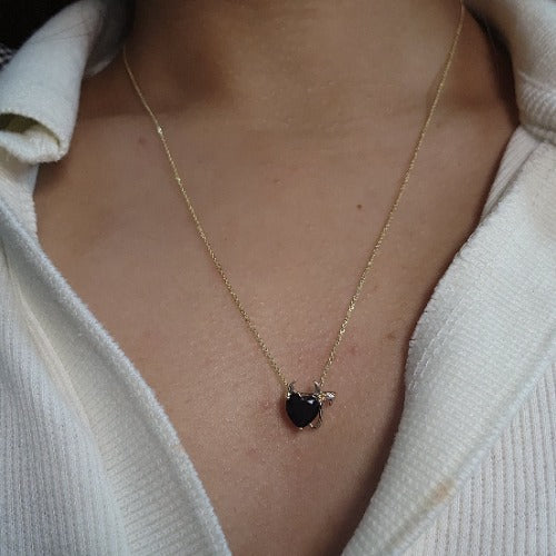 14Kt Gold 1.5 Ct Genuine Black Onyx & Diamond Devil Heart Pendant Necklace