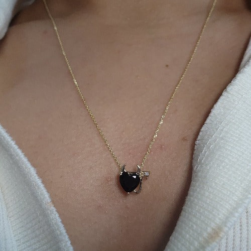 14Kt Gold 1.5 Ct Genuine Black Onyx & Diamond Devil Heart Pendant Necklace