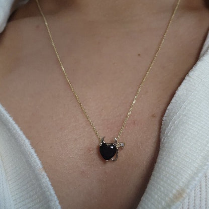 14Kt Gold 1.5 Ct Genuine Black Onyx & Diamond Devil Heart Pendant Necklace