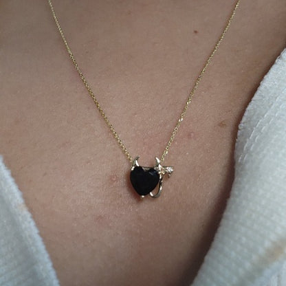 14Kt Gold 1.5 Ct Genuine Black Onyx & Diamond Devil Heart Pendant Necklace