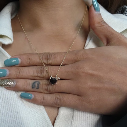 14Kt Gold 1.5 Ct Genuine Black Onyx & Diamond Devil Heart Pendant Necklace