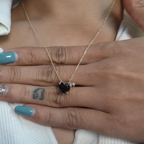 14Kt Gold 1.5 Ct Genuine Black Onyx & Diamond Devil Heart Pendant Necklace