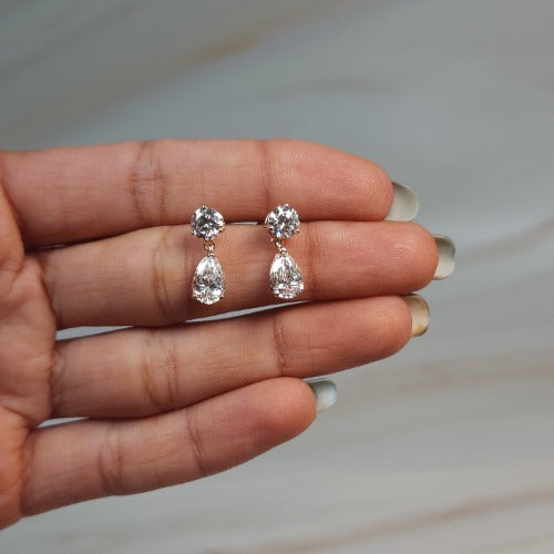 14Kt Gold 3 Prong 2.44 Ct 2 Stone Pear & Round Earrings Lab Grown Diamond Studs