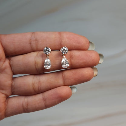 14Kt Gold 3 Prong 2.44 Ct 2 Stone Pear & Round Earrings Lab Grown Diamond Studs