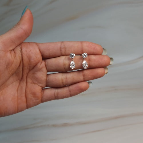 14Kt Gold 3 Prong 2.44 Ct 2 Stone Pear & Round Earrings Lab Grown Diamond Studs