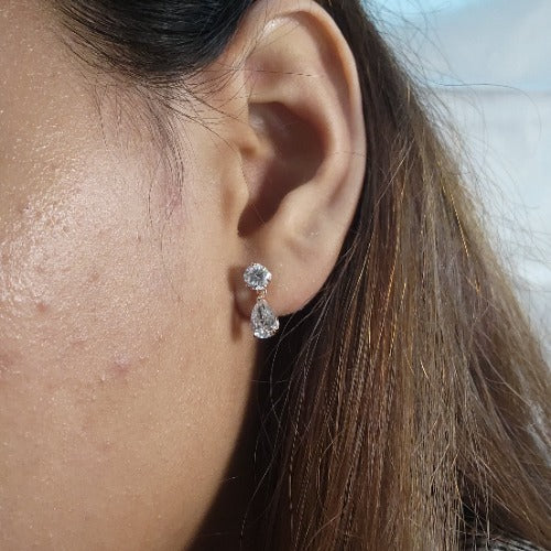 14Kt Gold 3 Prong 2.44 Ct 2 Stone Pear & Round Earrings Lab Grown Diamond Studs