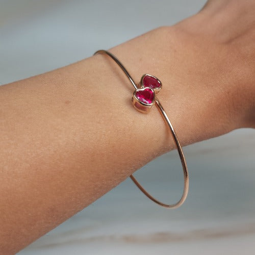 14Kt Gold Created Ruby Heart Bezel Bangle Bracelet