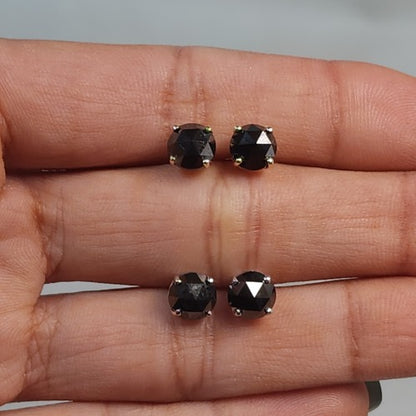14Kt Gold 1.50 Ct Genuine Natural Rose Cut Black Diamond Round Stud Earrings
