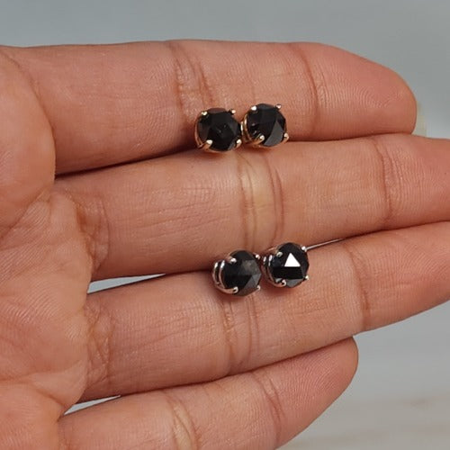 14Kt Gold 1.50 Ct Genuine Natural Rose Cut Black Diamond Round Stud Earrings