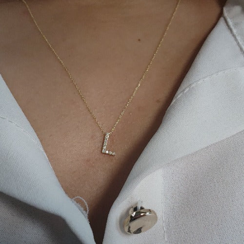 14Kt Gold Initial Letter Diamond Pendant Necklace