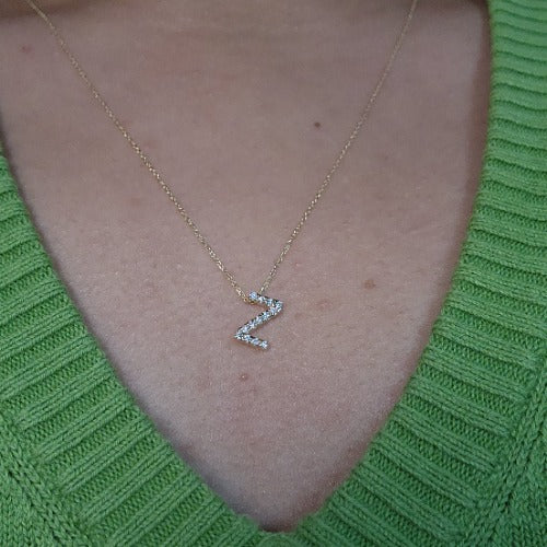 14Kt Gold Initial Letter Diamond Pendant Necklace