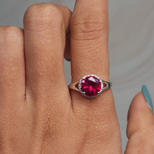 14Kt Gold 2 Ct Created Ruby & Diamond Halo Design Round Ring