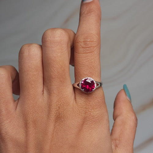 14Kt Gold 2 Ct Created Ruby & Diamond Halo Design Round Ring