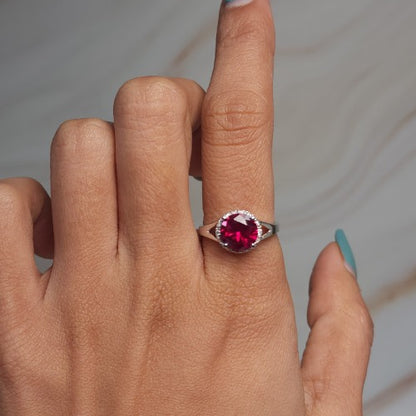 14Kt Gold 2 Ct Created Ruby & Diamond Halo Design Round Ring