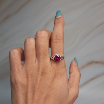 14Kt Gold 2 Ct Created Ruby & Diamond Halo Design Round Ring