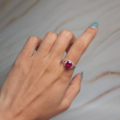 14Kt Gold 2 Ct Created Ruby & Diamond Halo Design Round Ring