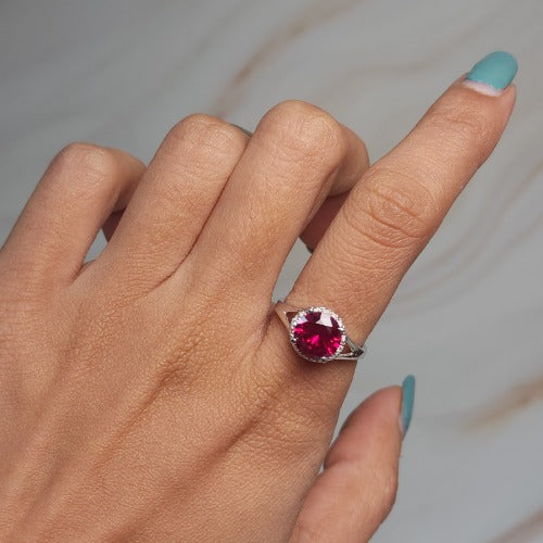 14Kt Gold 2 Ct Created Ruby & Diamond Halo Design Round Ring