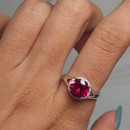 14Kt Gold 2 Ct Created Ruby & Diamond Halo Design Round Ring