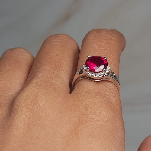 14Kt Gold 2 Ct Created Ruby & Diamond Halo Design Round Ring