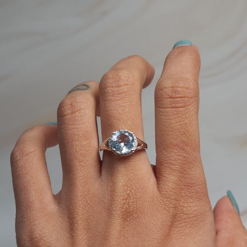 14Kt Gold 2 Ct Genuine Aquamarine & Diamond Halo Design Round Ring