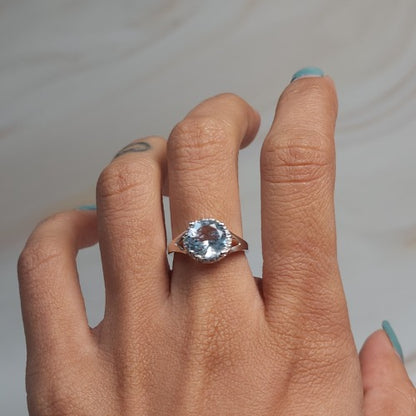 14Kt Gold 2 Ct Genuine Aquamarine & Diamond Halo Design Round Ring