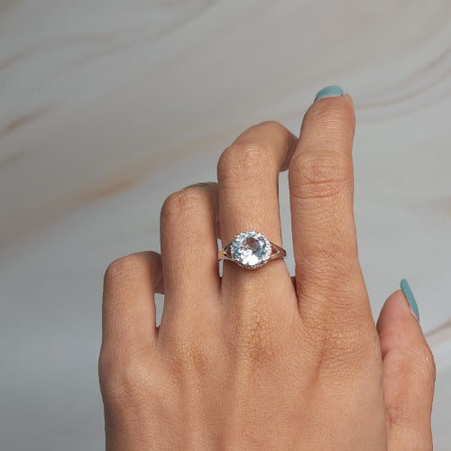 14Kt Gold 2 Ct Genuine Aquamarine & Diamond Halo Design Round Ring