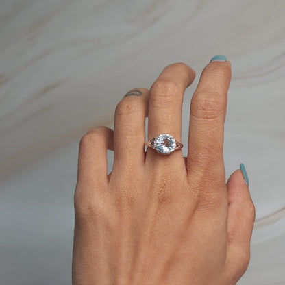 14Kt Gold 2 Ct Genuine Aquamarine & Diamond Halo Design Round Ring