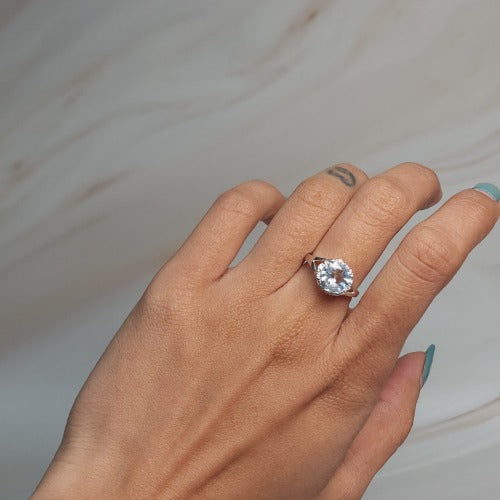 14Kt Gold 2 Ct Genuine Aquamarine & Diamond Halo Design Round Ring