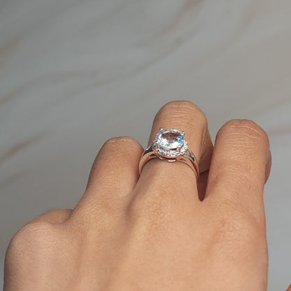 14Kt Gold 2 Ct Genuine Aquamarine & Diamond Halo Design Round Ring
