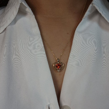 14Kt Gold Garnet & Diamond Heart LOVE ENGRAVED Pendant Necklace