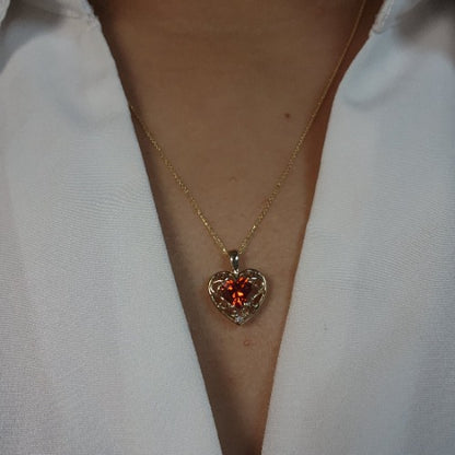 14Kt Gold Garnet & Diamond Heart LOVE ENGRAVED Pendant Necklace
