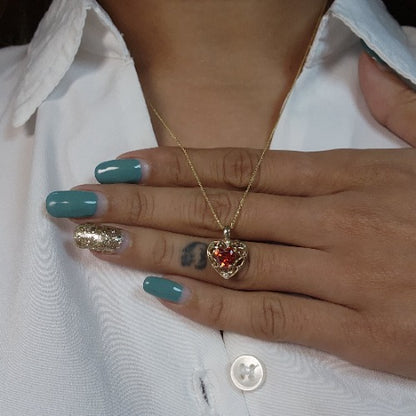 14Kt Gold Garnet & Diamond Heart LOVE ENGRAVED Pendant Necklace