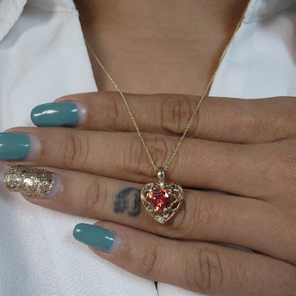 14Kt Gold Garnet & Diamond Heart LOVE ENGRAVED Pendant Necklace