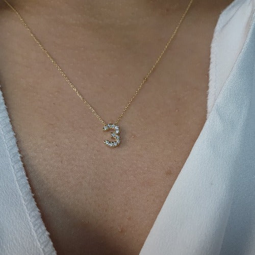 14Kt Gold Number Diamond Pendant Necklace