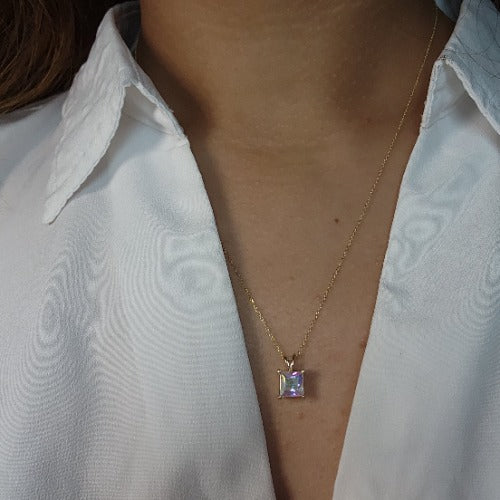 14Kt Gold Natural Mercury Mist Mystic Topaz Princess Cut Pendant Necklace
