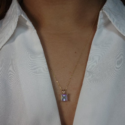 14Kt Gold Natural Mercury Mist Mystic Topaz Princess Cut Pendant Necklace