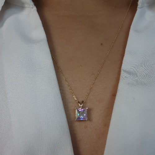 14Kt Gold Natural Mercury Mist Mystic Topaz Princess Cut Pendant Necklace