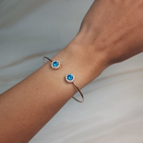 1 Ct Swiss Blue Topaz Halo Design Round Bangle Bracelet 14Kt Yellow Gold Rose Gold Silver