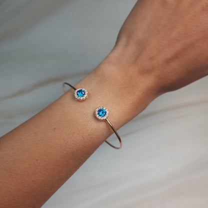 1 Ct Swiss Blue Topaz Halo Design Round Bangle Bracelet 14Kt Yellow Gold Rose Gold Silver