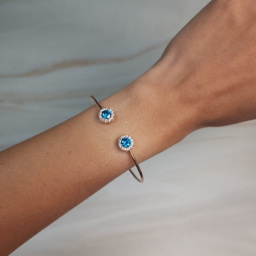 1 Ct Swiss Blue Topaz Halo Design Round Bangle Bracelet 14Kt Yellow Gold Rose Gold Silver