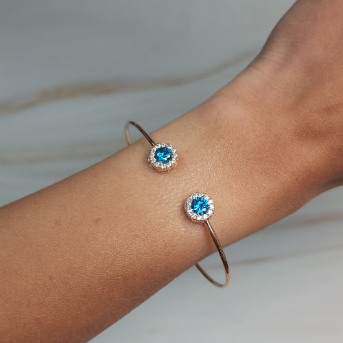 1 Ct Swiss Blue Topaz Halo Design Round Bangle Bracelet 14Kt Yellow Gold Rose Gold Silver