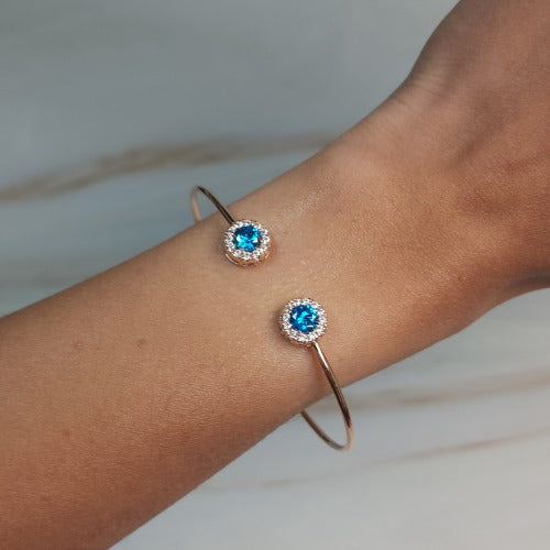 1 Ct Swiss Blue Topaz Halo Design Round Bangle Bracelet 14Kt Yellow Gold Rose Gold Silver