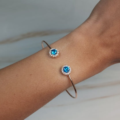 1 Ct Swiss Blue Topaz Halo Design Round Bangle Bracelet 14Kt Yellow Gold Rose Gold Silver