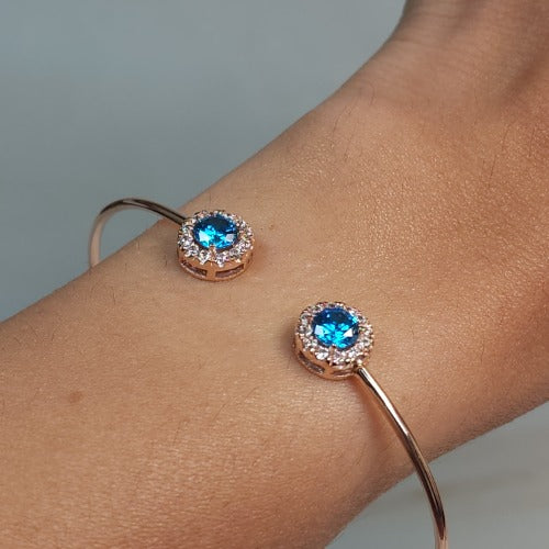 1 Ct Swiss Blue Topaz Halo Design Round Bangle Bracelet 14Kt Yellow Gold Rose Gold Silver