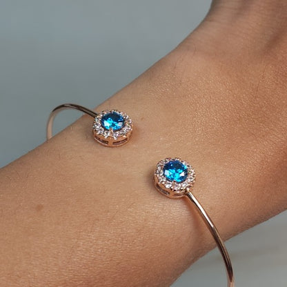 1 Ct Swiss Blue Topaz Halo Design Round Bangle Bracelet 14Kt Yellow Gold Rose Gold Silver